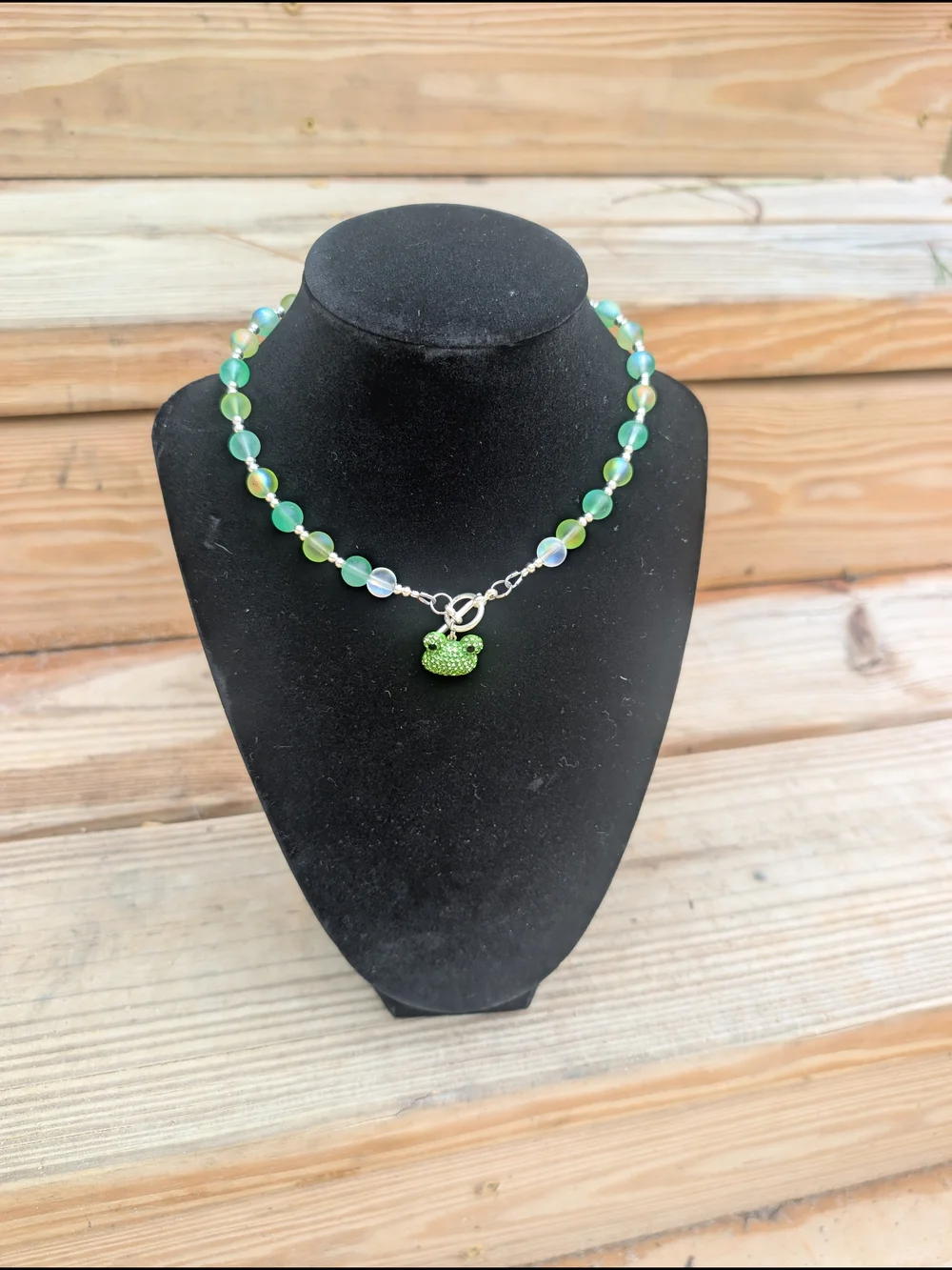 Hand Crafted Green Beaded Necklace with Frog Charm